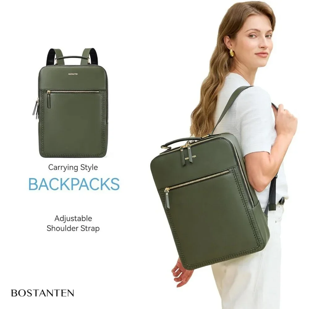 Men's Olive Green 15.6 inch Laptop Bag Travel Casual Computer Leather Backpack